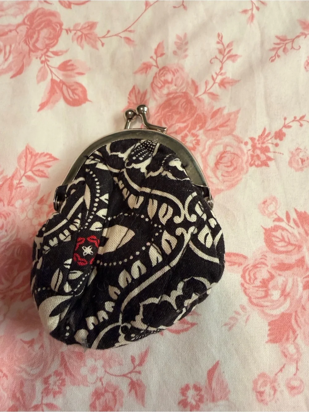 Vera Bradley Black and Cream Floral Kiss-Lock Coin Purse with Red Accent